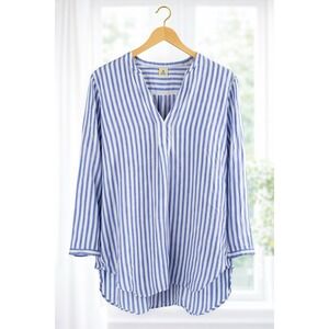 LL Bean 100% Linen Long Sleeve Splitneck Tunic Top Blue‎ White Nautical  XL